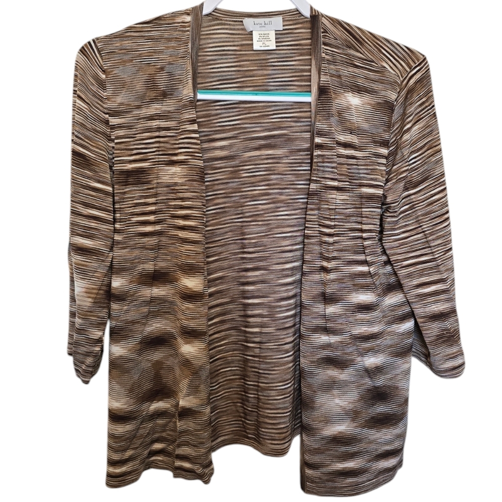 3/$15 Kate Hill Neutral Brown Abstract Striped Cardigan Size PL